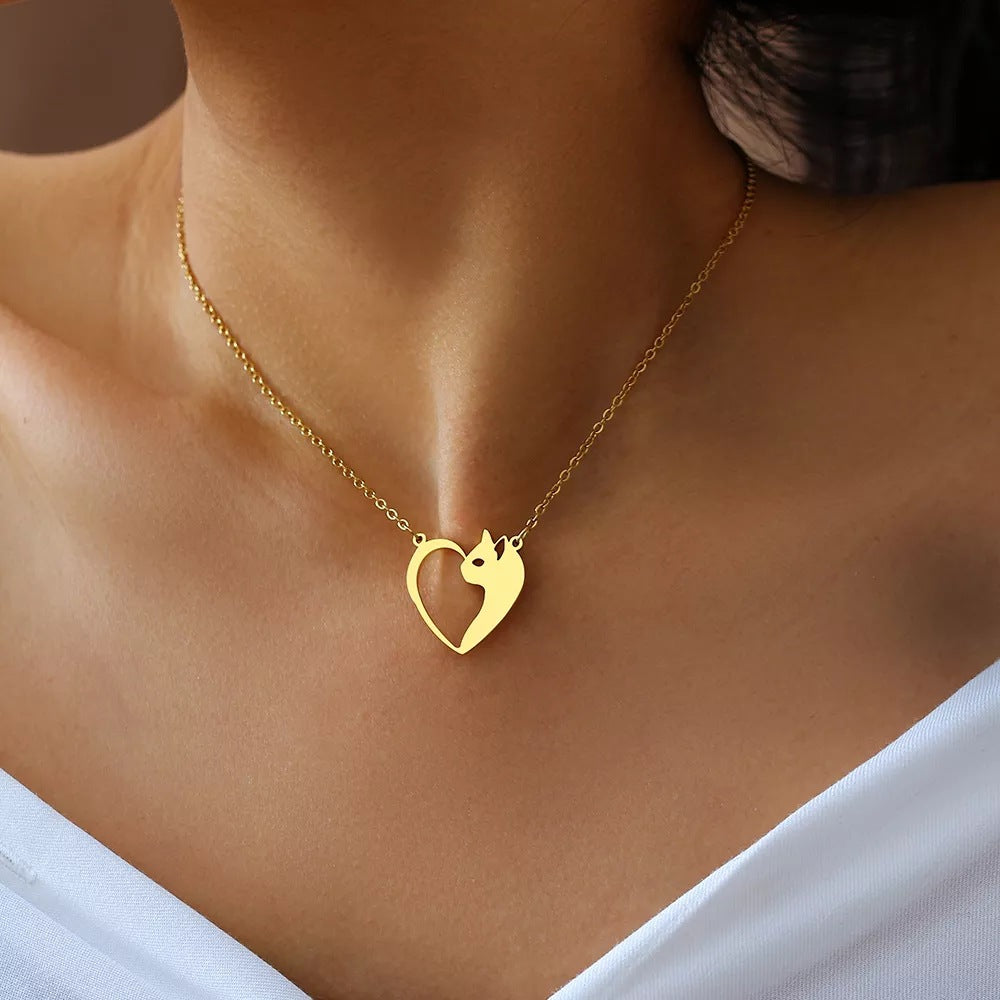 Women's Fashion Jewelry Stainless Steel Necklaces Heart Cat Hollow Pendant Choker Clavicle Chain