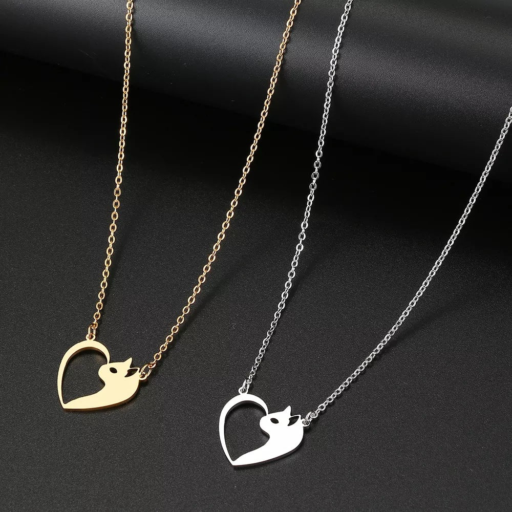 Women's Fashion Jewelry Stainless Steel Necklaces Heart Cat Hollow Pendant Choker Clavicle Chain