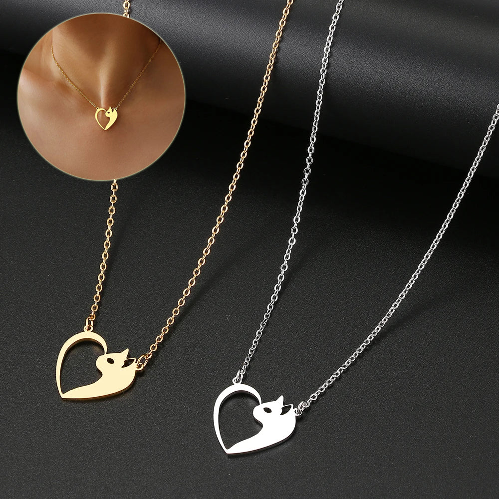 Women's Fashion Jewelry Stainless Steel Necklaces Heart Cat Hollow Pendant Choker Clavicle Chain