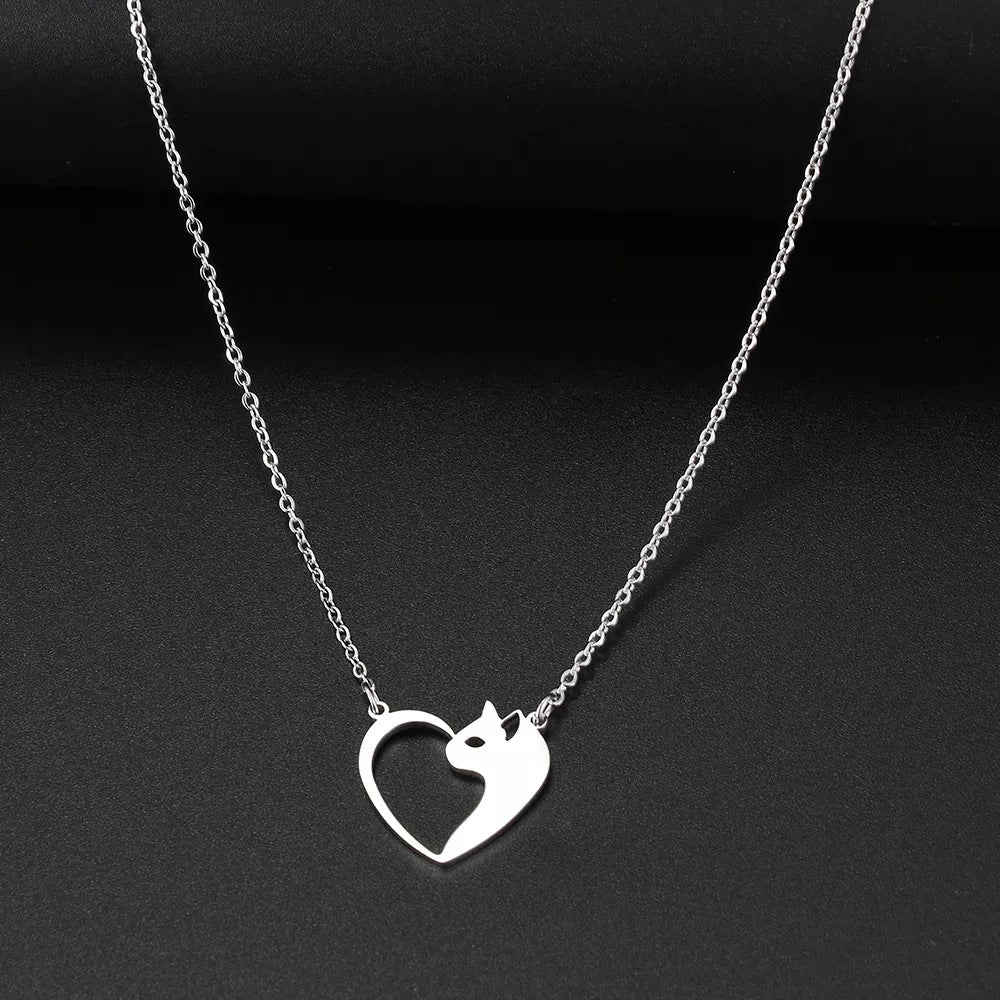 Women's Fashion Jewelry Stainless Steel Necklaces Heart Cat Hollow Pendant Choker Clavicle Chain
