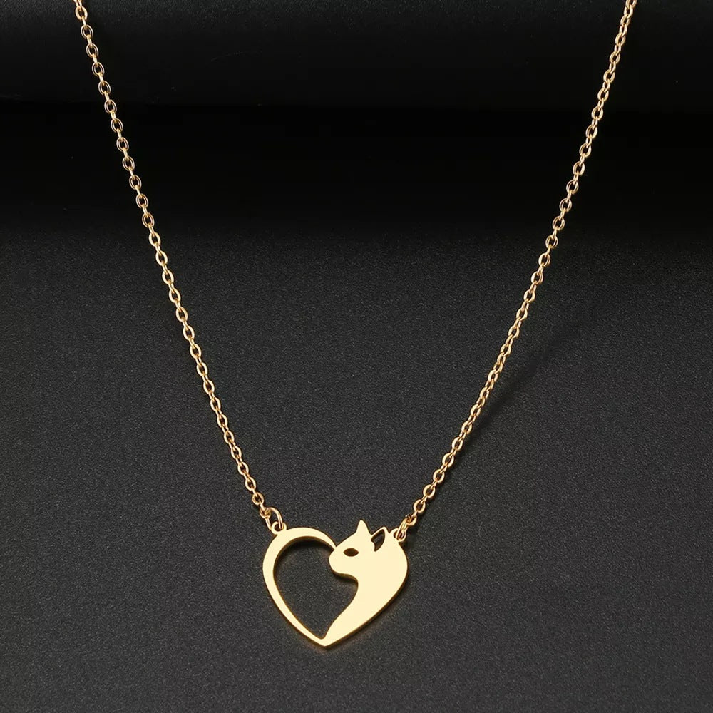 Women's Fashion Jewelry Stainless Steel Necklaces Heart Cat Hollow Pendant Choker Clavicle Chain