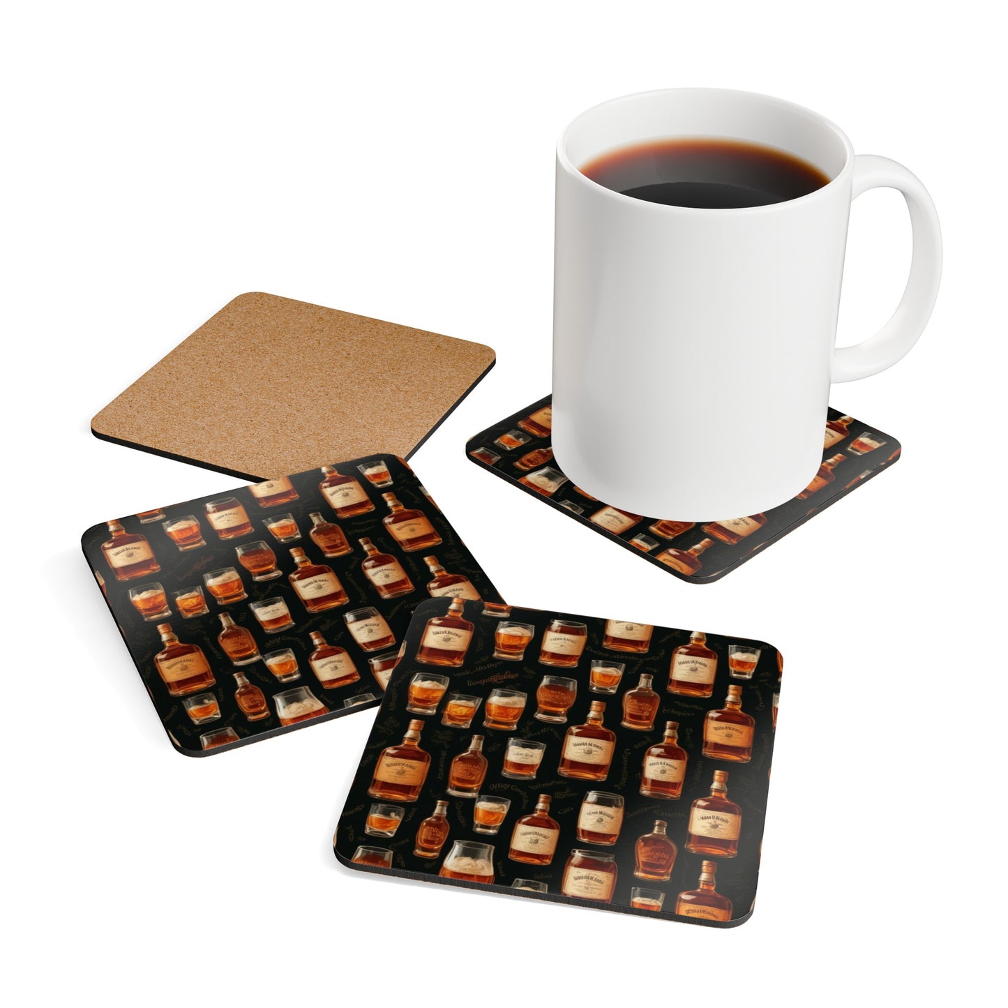 Whiskey Bottles Corkwood Coaster Set
