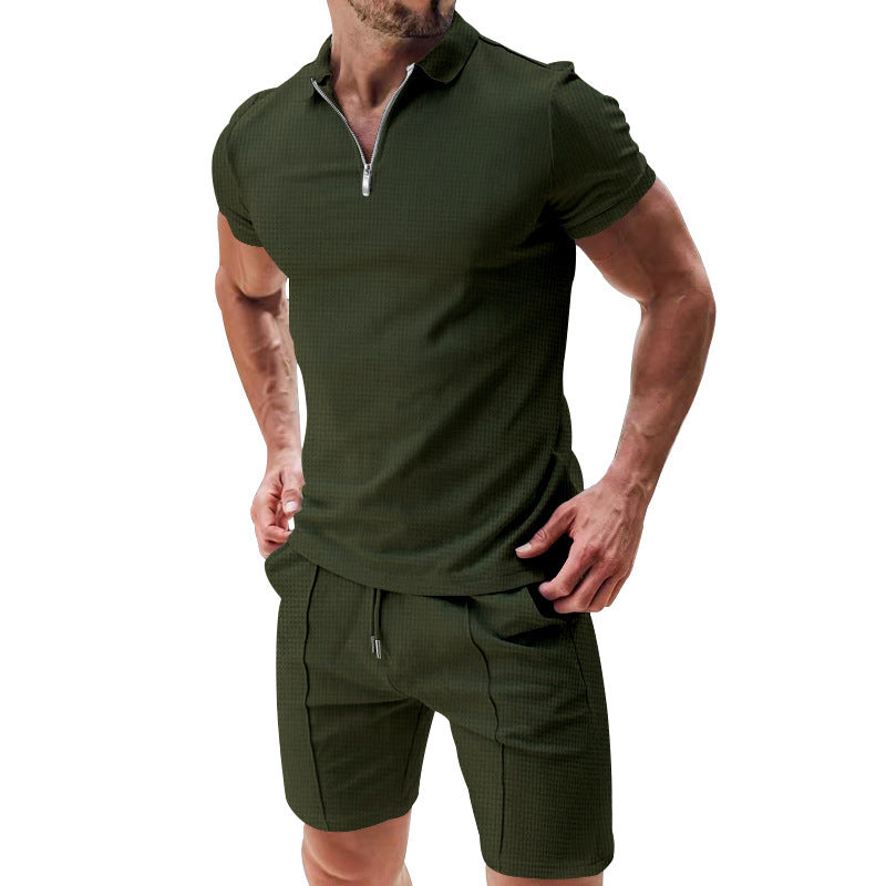 2Pcs Casual Waffle Suit Summer Zipper Lapel Short-sleeved Top