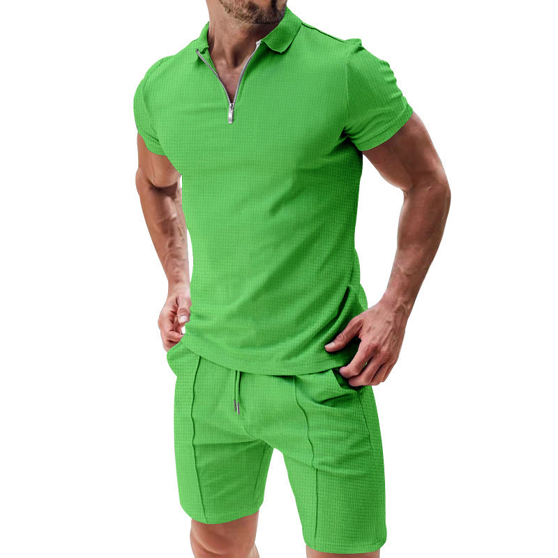 2Pcs Casual Waffle Suit Summer Zipper Lapel Short-sleeved Top
