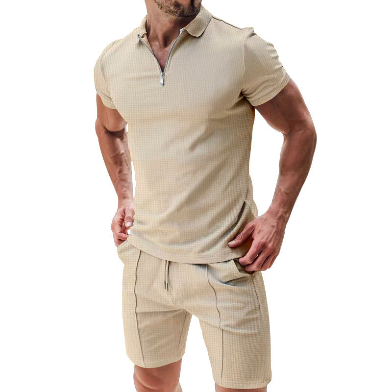 2Pcs Casual Waffle Suit Summer Zipper Lapel Short-sleeved Top