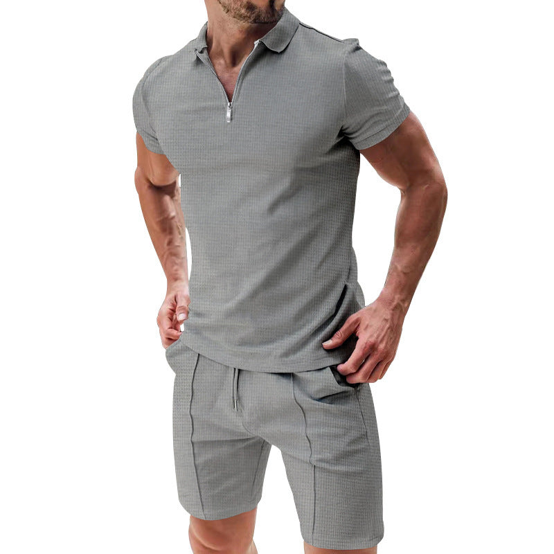 2Pcs Casual Waffle Suit Summer Zipper Lapel Short-sleeved Top