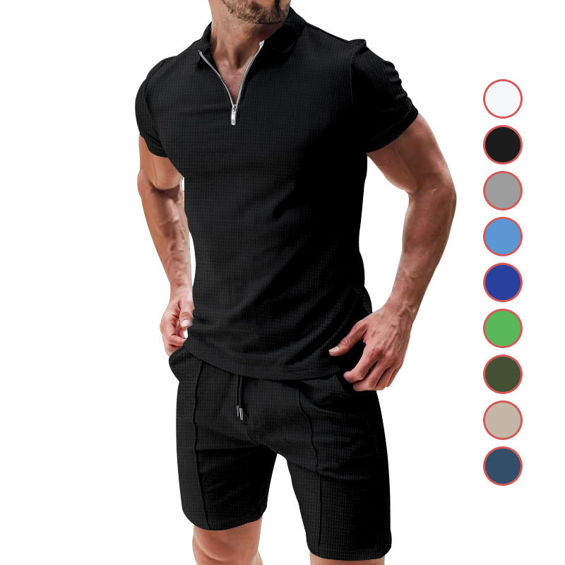 2Pcs Casual Waffle Suit Summer Zipper Lapel Short-sleeved Top