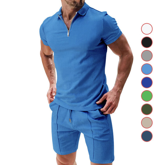 2Pcs Casual Waffle Suit Summer Zipper Lapel Short-sleeved Top