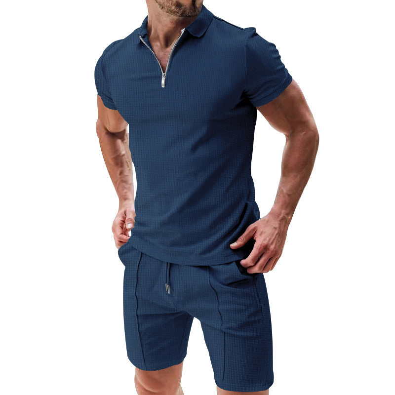 2Pcs Casual Waffle Suit Summer Zipper Lapel Short-sleeved Top