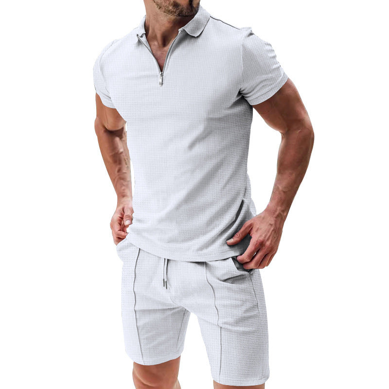 2Pcs Casual Waffle Suit Summer Zipper Lapel Short-sleeved Top